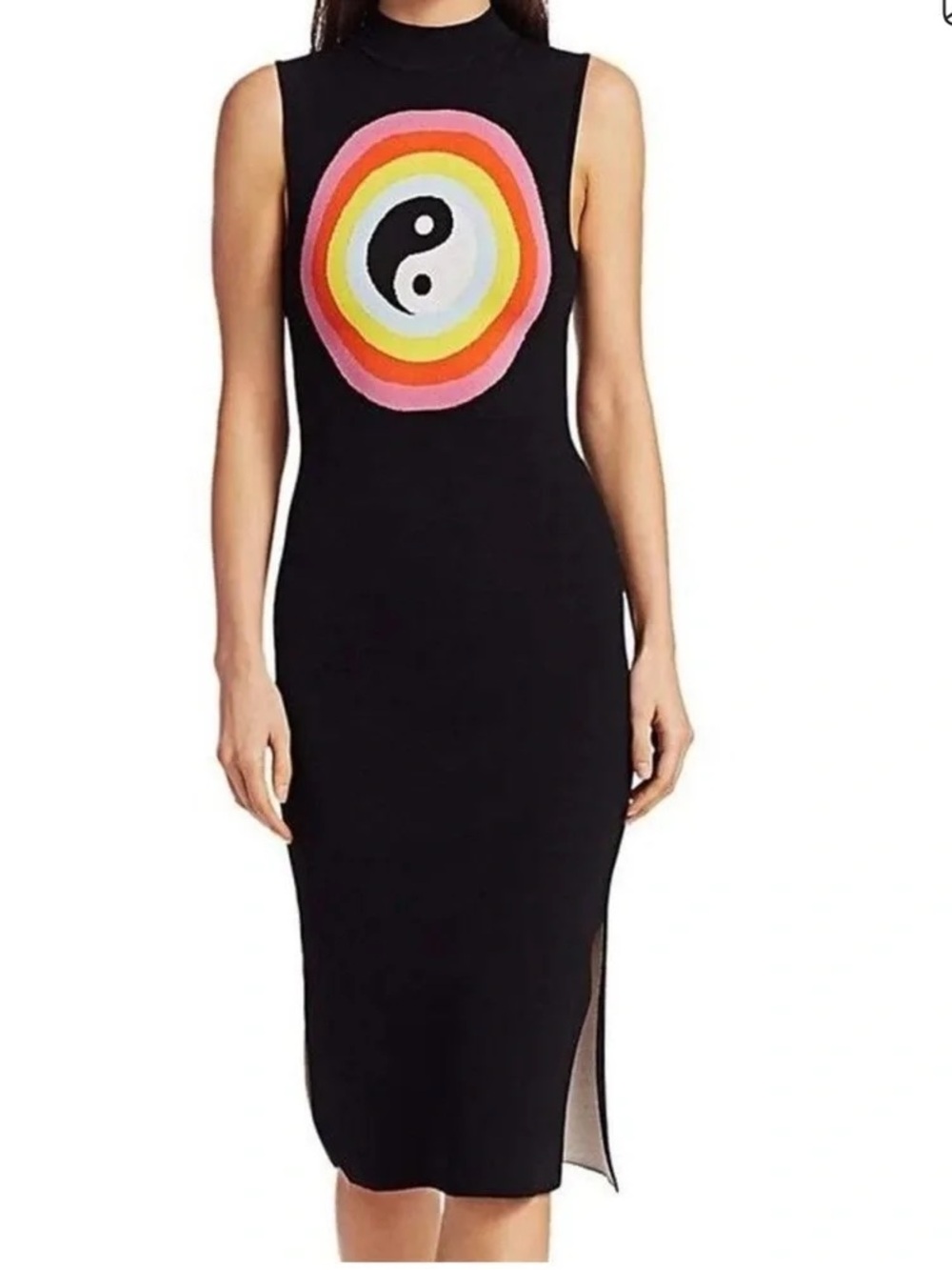Staud Caroline Black Sleeveless Midi Dress with Colorful Yin Yang Graphic Sz L